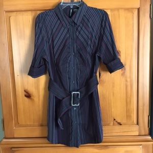 Navy/pink striped button-down tunic, vintage MIXIT, size XL.